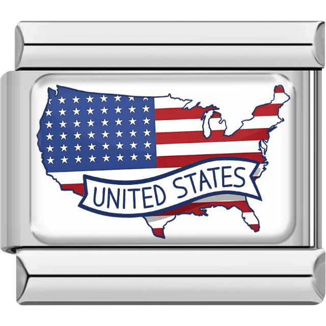 Silver-framed Italian charm showing the map of the United States decorated in the American flag design with a curved “United States” banner.